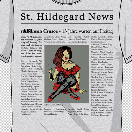 Frau in rotem Kleid sitzt auf Zeitungsseite, gedruckt auf einem T-Shirt.