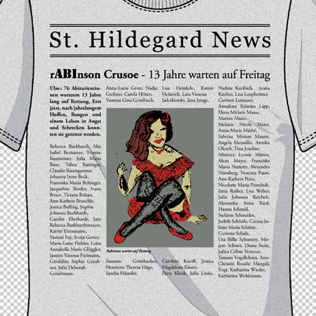 Frau in rotem Kleid sitzt auf Zeitungsseite, gedruckt auf einem T-Shirt.