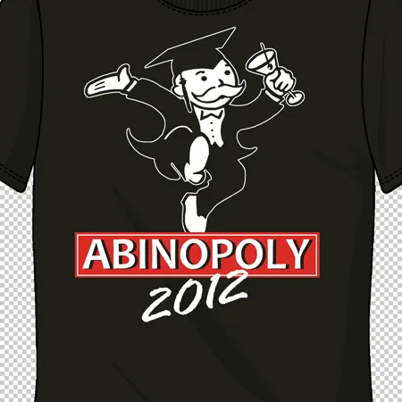 Schwarzes T-Shirt mit einem weißen Aufdruck eines karikierten Mannes im Anzug und Absolventenhut, der ein Glas hält, und dem Text "ABINOPOLY 2012" in Rot.