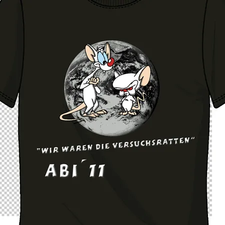 Zwei gezeichnete Mäusefiguren auf dem Mond, Text "Wir waren die Versuchsratten" und "ABI 11" auf grünem Shirt.