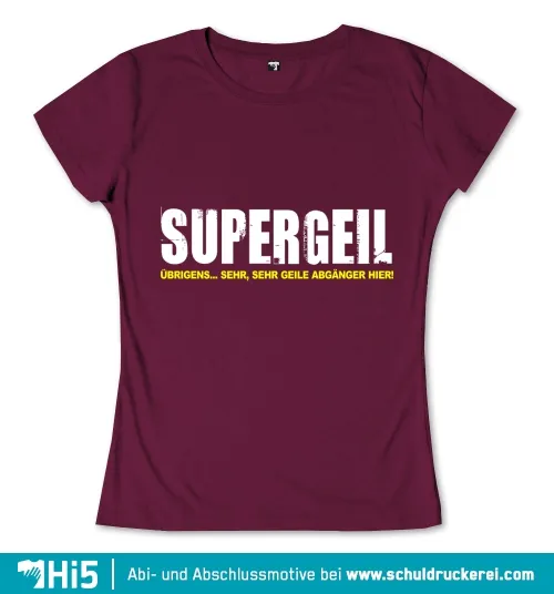 Weißer Text "SUPERGEIL" auf dunkel-lila Hintergrund mit zusätzlichem kleinem Text.