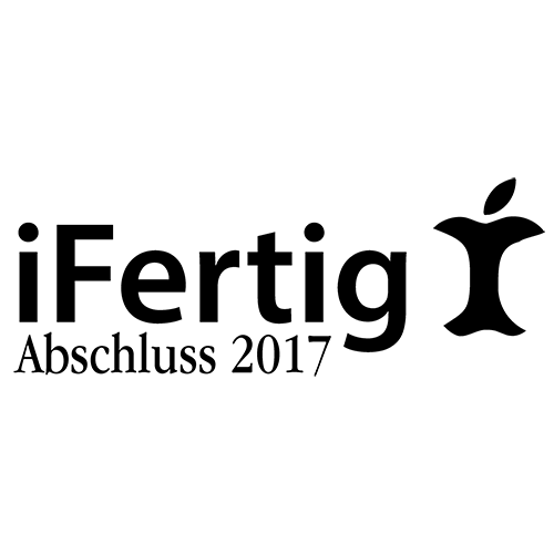 Grünes Bild mit "iFertig Abschluss 2017" Text und stilisiertem Apfel-Logo.