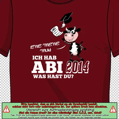 Rotes T-Shirt mit der Aufschrift "Ene Mene Muh, Ich hab ABI 2014 was hast du?" und einer Cartoon-Kuh.