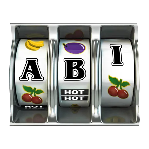 Drei Rollen eines Spielautomaten mit Symbolen: Buchstaben A, B, I, Kirschen und eine Banane.