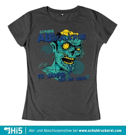 Grafik eines Zombiekopfes mit gelben Augen und Titel "Zombie Abikalypse, 13 Jahre Nik im Hirn".