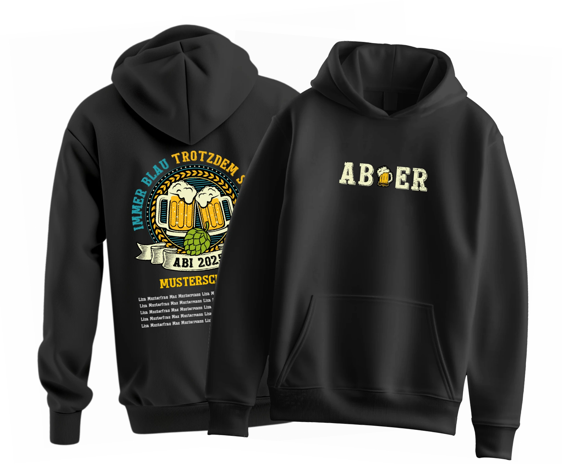 Schwarzer Hoodie vorne Schriftzug ABI mit Bierkrug Symbol hinten rundes Logo mit stossenden Bierglaesern Hopfen ABI 2025 Musterschule und Namen