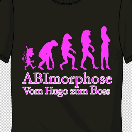 Schwarzes T-Shirt mit pinkem Evolution-Design und Text "ABImorphose Vom Hugo zum Boss".