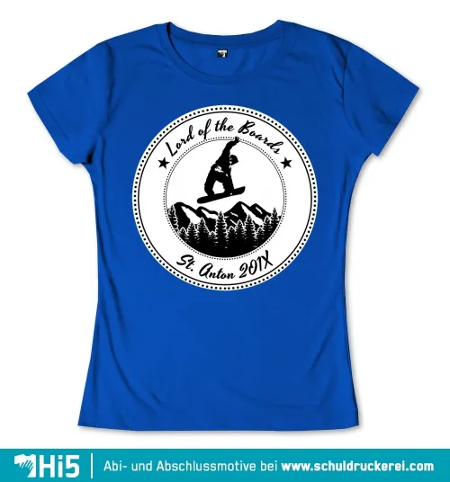 Silhouette eines Snowboarders über Bergen, umgeben von Text "Lord of the Board St. Anton 2017".