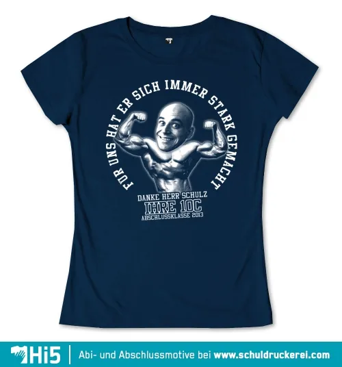 Illustration eines Mannes mit Glatze, der Muskeln zeigt, auf dunkelblauem T-Shirt für Abschlussklasse.