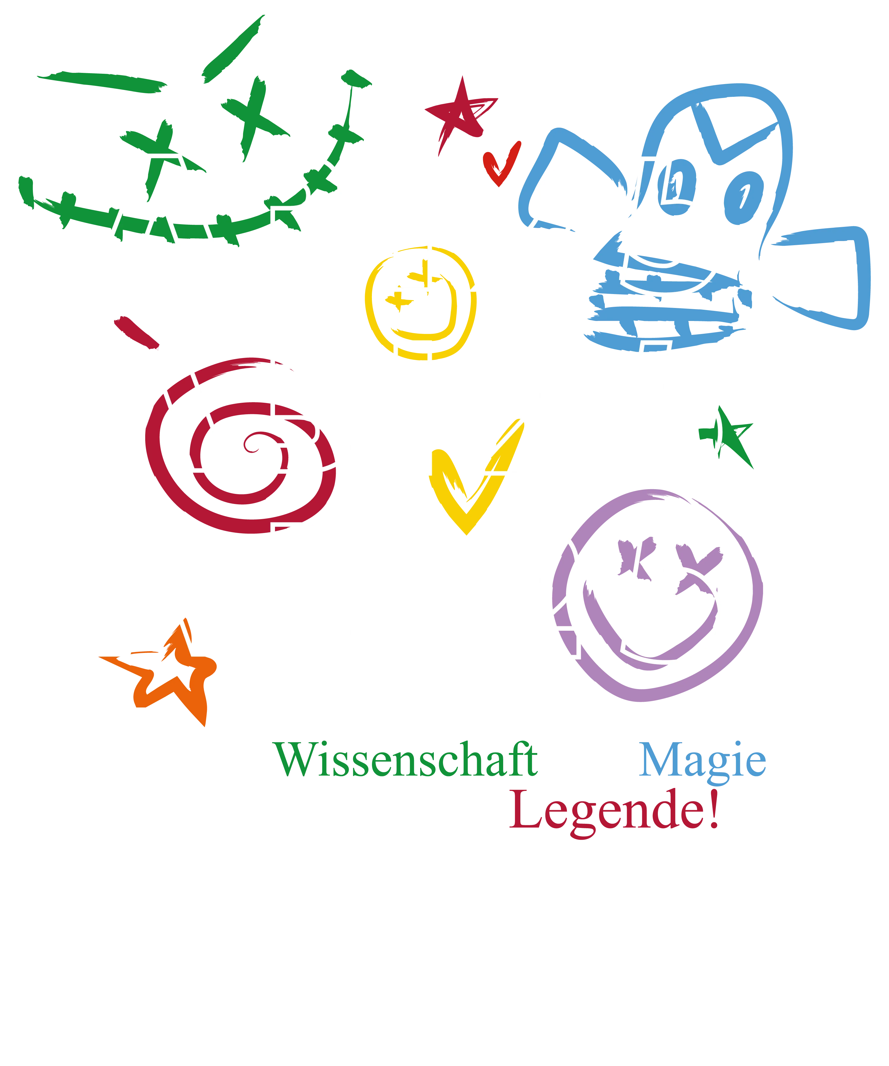 Schwarzer Hintergrund drei weisse ABI25 Schriftzuegen und bunten Kritzeleien und der Schrift Zwischen Wissenschaft und Magie Abschluss ist Legende