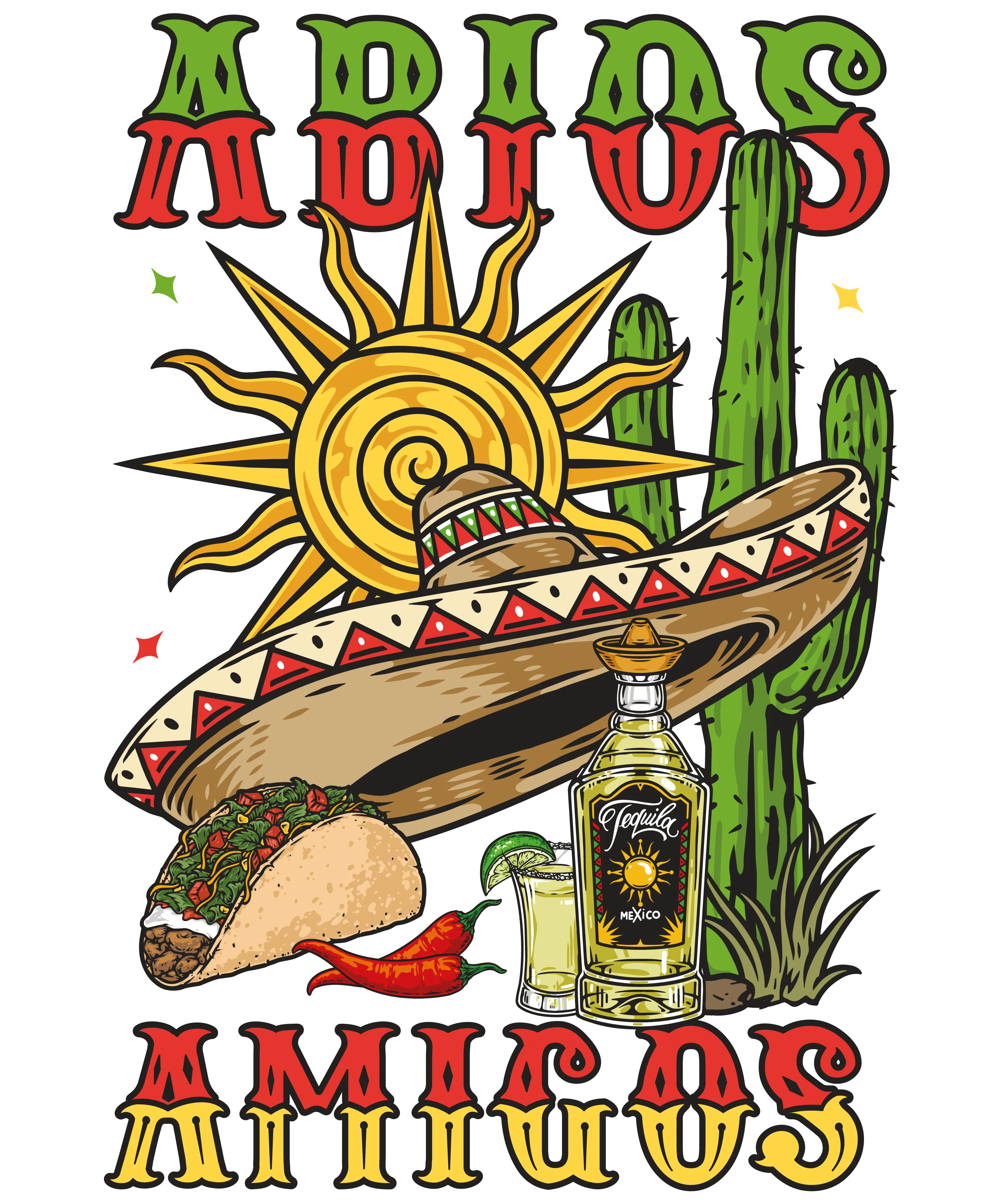 Grafik mit Schriftzug Adios Amigos Sonne und Sombrero vor Kakteen dazu Taco zwei Chilischoten Flasche Tequila mit Shotglas