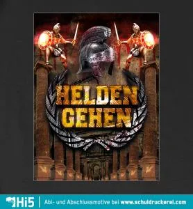 Zwei fantasy Krieger in Rüstungen neben einem alten Helm und saulen, mit dem Text "HELDEN GEHEN".