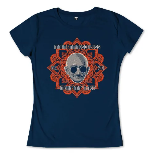 Grafisches Mandala-Design mit einem zentralen Porträt von Mahatma Gandhi in Weiß auf orange Hintergrund.