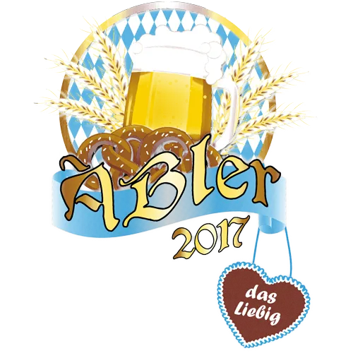 Illustration eines Bierkrugs mit Gerstenhalmen und dem Text 'Abler 2017'. Ein Herzanhänger zeigt 'das Liebig'.