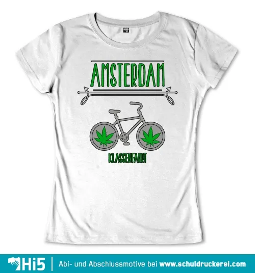 Grafik eines grauen Shirts mit "Amsterdam" Text, Fahrrad und Cannabisblättern, Schriftzug "Klassenfahrt" unten.