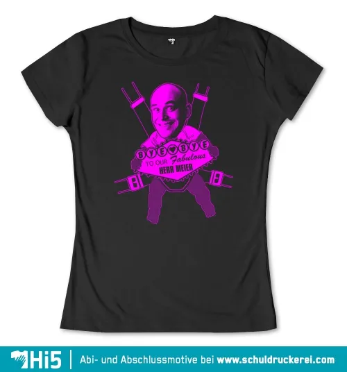 Grafik mit einem lächelnden Mann und pinker Text "ByeBye to Our Fabulous Herr Meier" im Stil eines Logos.
