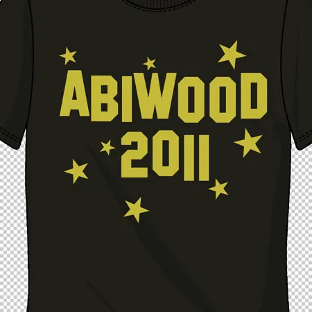 Schwarzes T-Shirt mit dem Aufdruck 'ABIWOOD 2011' und Sternen in Gelb.