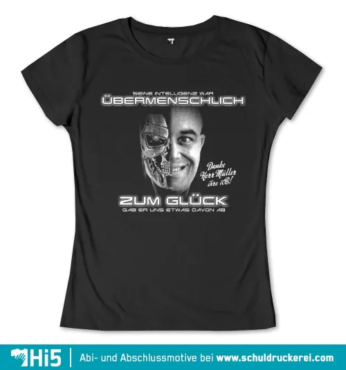 Schwarzes T-Shirt mit Text und der Darstellung eines halben menschlichen, halben robotischen Gesichts.