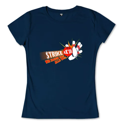 Design mit Bowlingsymbolen und Text "STRIKE 4K16 Wir raumen uns alle weg" auf dunkelblauem Hintergrund.