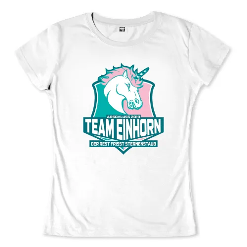 Logo des 'Team Einhorn' mit einem Einhornkopf, Text "Abschluss 2019", und "Der Rest frisst Sternenstaub".