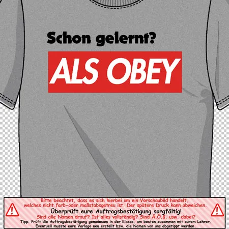Graues T-Shirt mit rotem Schriftzug 'ALS OBEY' und informativem Text auf Deutsch.
