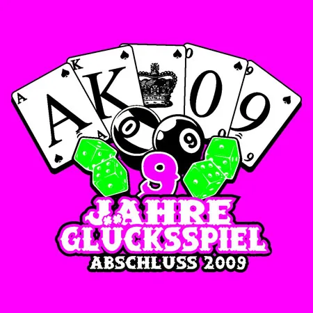 gluecksspiel_abschluss_2009 Schwarz-weiße Grafik mit Karten und Würfeln auf pinkem Hintergrund, Text "9 Jahre Glücksspiel, Abschluss 2009".