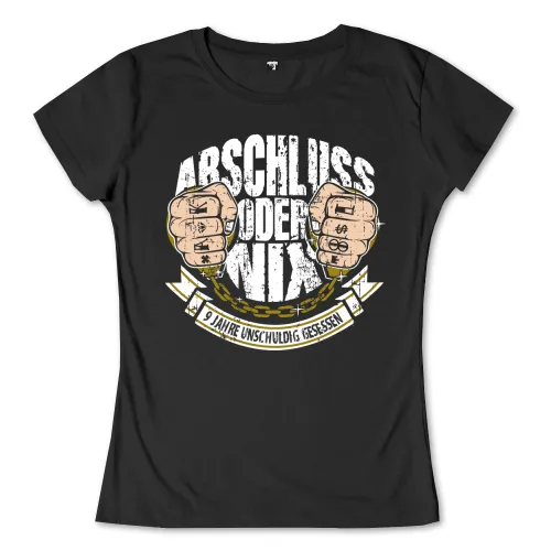 Zwei geballte Fäuste umgeben von "Abschluss oder nix" Text und Banner "9 Jahre unschuldig gesessen".