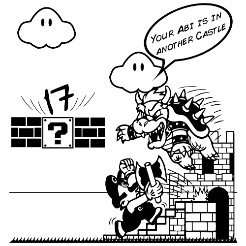 Bowser springt über eine Mauer und trägt dabei eine Prinzessin, während Mario unter ihm hängt.