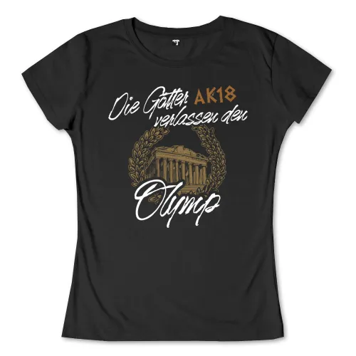 Schwarzes Design mit dorischer Säulenstruktur und Lorbeerkranz. Text: "Die Götter verlassen den Olymp".