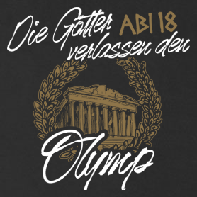 Grafik eines klassischen Tempels mit Lorbeerkranz auf schwarzem Hintergrund, Text "Die Götter verlassen den Olymp AB18".