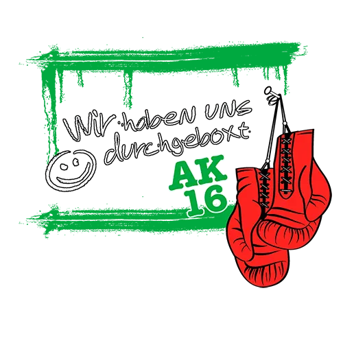 Dunkelgrauer Hintergrund mit grünem Rahmen und Text "Wir haben uns durchgeboxt AK 16", rote Boxhandschuhe, Smiley.