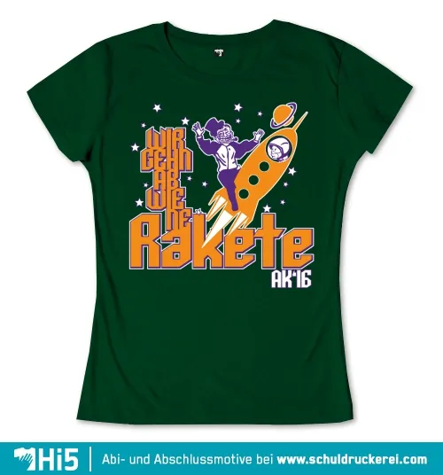 Comicstil-Grafik eines Absolventen auf einer Rakete mit dem Text "Wir gehn ab wie ne Rakete AK16".