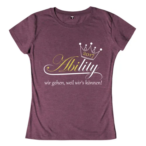 Lila Textur mit weißem Logo "Ability", Krone und Jahreszahl 2017, Slogan "wir gehen, weil wir's können".