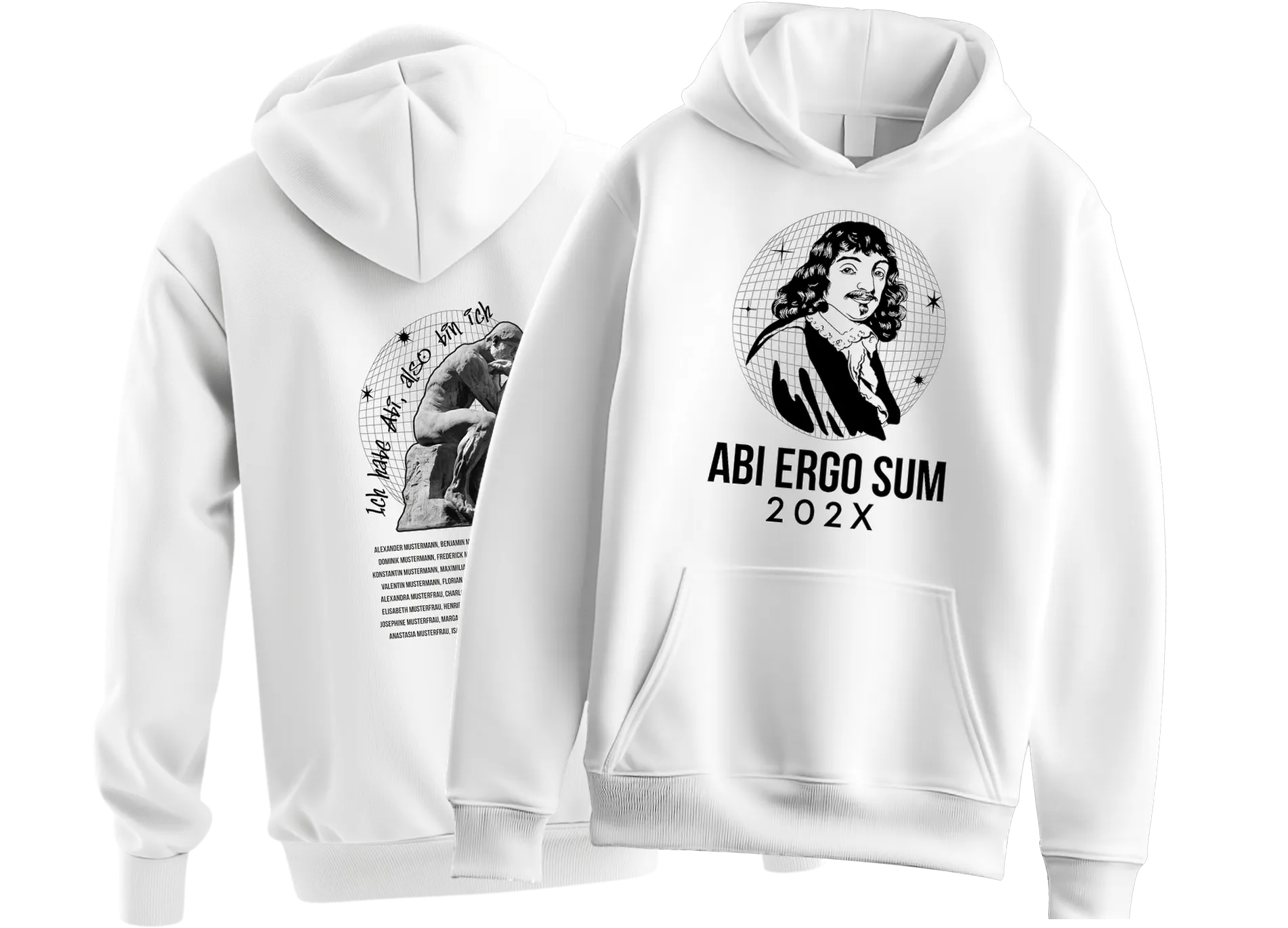 Weißer Hoodie vorn mit Philosophporträt und Schrift ABI ERGO SUM 202X, hinten mit Denkerstatue und Schrift Ich habe Abi also bin ich und Namensliste