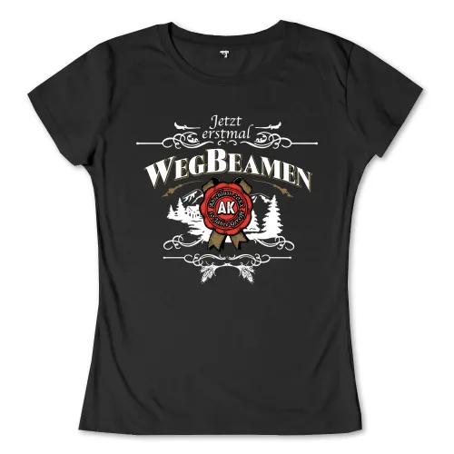 Schwarzes T-Shirt-Design mit weißem und rotem Text "Jetzt erstmal WegBeamen" und Grafik eines Siegels.