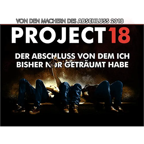 Plakat für 'Project 18' mit drei jungen Menschen, die rückwärts liegen und in den Himmel schauen.