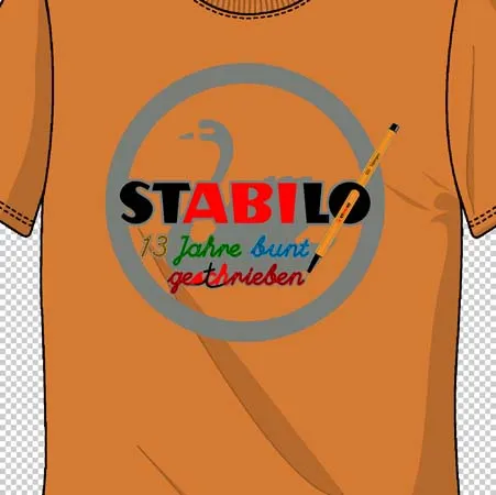 Orangenes T-Shirt mit grauem Logo und der Aufschrift 'STABILO 13 Jahre bunt gestimmt'
