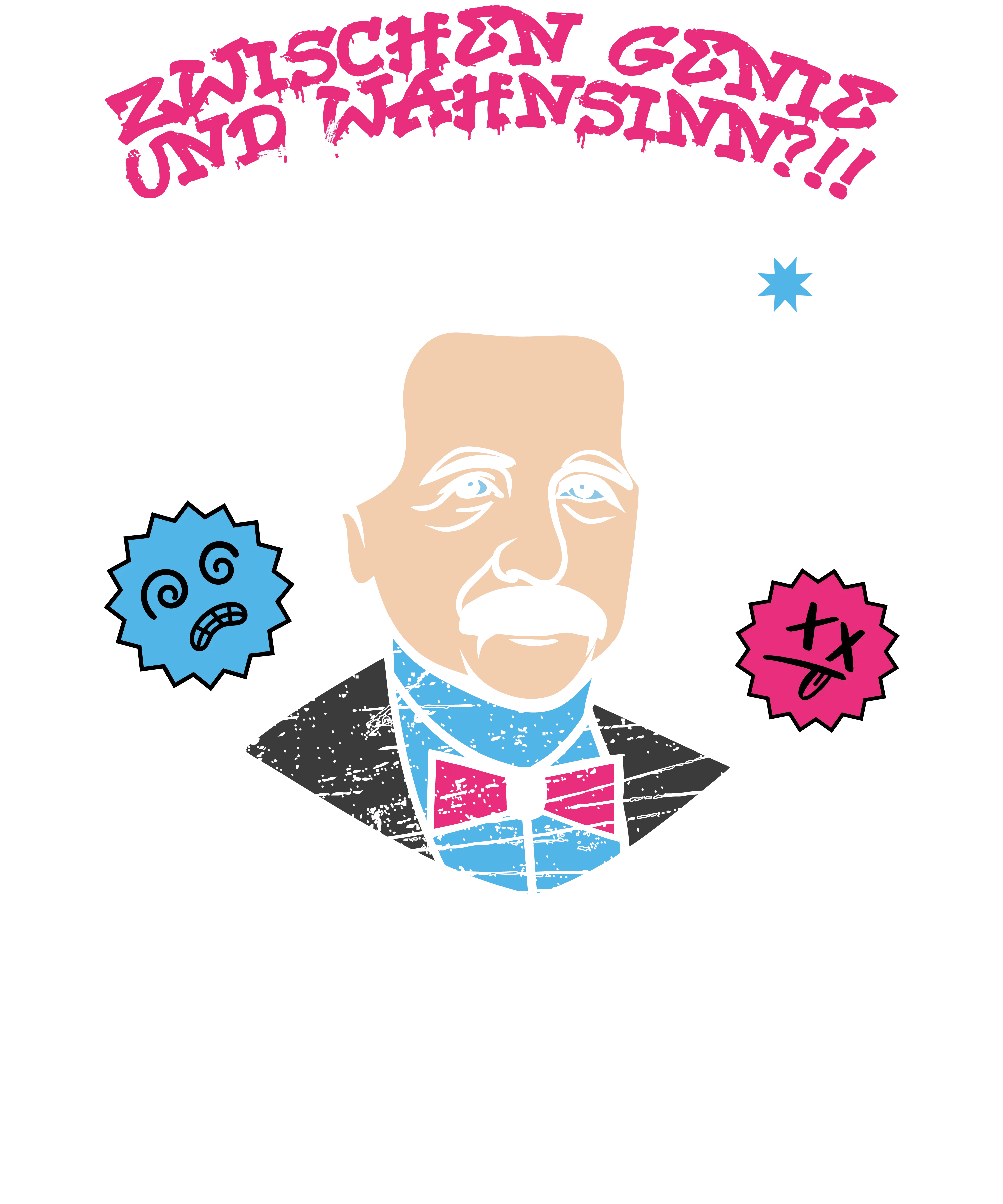 Stilisierte Darstellung von Albert Einstein mit weissem Haar und Schnurrbart in Anzug und Fliege vor Gitterhintergrund und bunten Symbolen