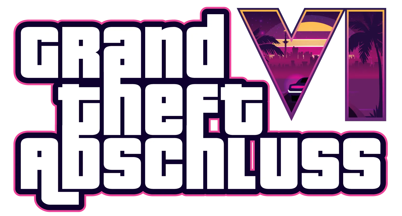Logo aus blockigen Buchstaben mit rosa Umrandung Schriftzug Grand Theft Abschluss und VI gefuellt mit neonfarbenem Sonnenuntergang Skyline Palmen Auto