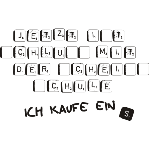 Verschiedene Kacheln mit Buchstaben bilden Texte auf weißem Hintergrund.