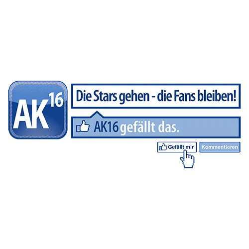 Design eines T-Shirts mit Aufschrift 'Die Stars gehen - die Fans bleiben!' und Social Media-Like-Symbol.