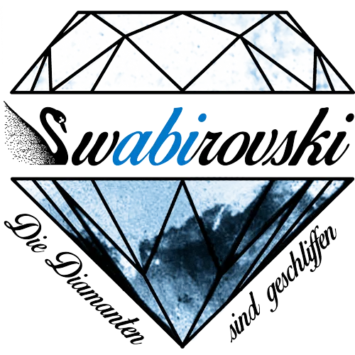 Grafik eines Diamanten mit dem Text "Swabirovski Die Diamanten sind geschliffen" in Schwarz und Blau.
