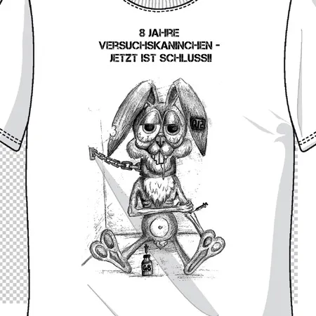 Zeichnung eines Kaninchens auf einem T-Shirt, angekettet, mit Text über dem Bild.