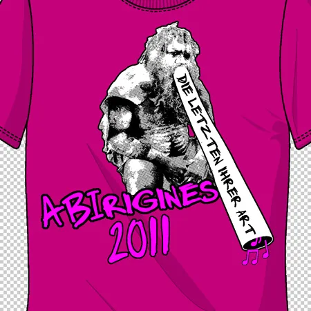 Grafik auf pinkem T-Shirt zeigt Statuenmotiv mit Baseballschläger, Text "AbiBirgines 2011".