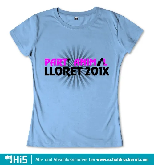 Grafik mit Text "PART ANIMAL LLORΞT 20IX" und Silhouette eines Feiernden auf blauem Hintergrund.