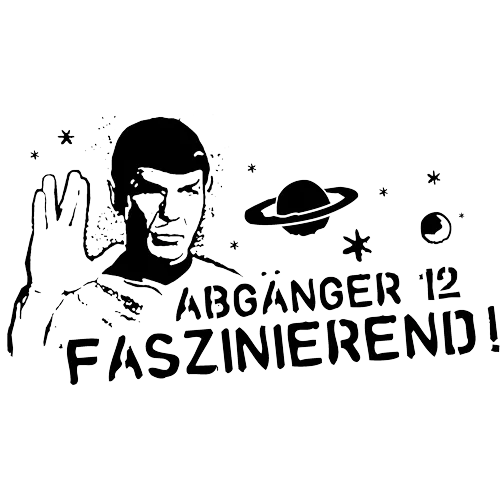 Illustration von Spock, der die Vulkanier-Grußgeste macht, umgeben von Sternen und Planeten.