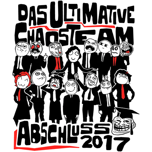Illustration eines Teams mit karikaturartigen Figuren und dem Text 'Das Ultimative Chaos Team Abschluss 2017'.