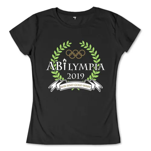 Logo zeigt "Abilympia 2019" umgeben von einem Lorbeerkranz und den Olympischen Ringen, Text "Wir sind Gold wert" unten.