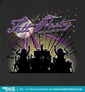 Silhouetten von Menschen feiern auf einer "Fett Party Abschluss 2013" Grafik mit bunten Lichtern.