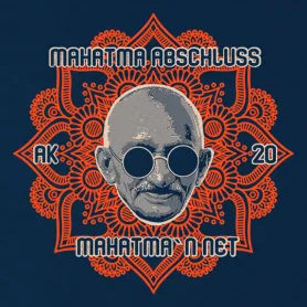 Grafisches Mandala-Design mit einem zentralen Porträt von Mahatma Gandhi in Weiß auf orange Hintergrund.